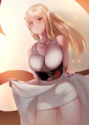 Rule 34 | 1girl, absurdres, alternate costume, aowltus209, black nails, blonde hair, blush, breasts, cleavage, clothes lift, dungeon and fighter, light particles, elf, highres, japanese clothes, kimono, kimono lift, kunoichi (dungeon and fighter), lips, long hair, looking at viewer, nail polish, obi, pointy ears, red eyes, sash, solo, thick thighs, thief (dungeon and fighter), thighs, white background
