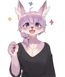 Rule 34 | 1girl, ahoge, animal ears, black shirt, blush, body fur, breasts, clenched hand, dog ears, fangs, furry, furry female, hair between eyes, highres, korean commentary, looking at viewer, open mouth, purple eyes, shirt, simple background, sketch, snout, solo, sookmo, upper body, white background