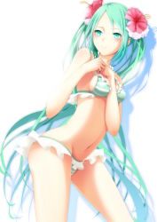 Rule 34 | 1girl, absurdres, aqua eyes, arm between breasts, between breasts, bikini, bikini skirt, breasts, cowboy shot, flower, frilled bikini, frills, from side, green hair, hair flower, hair ornament, hatsune miku, hibiscus, highres, koyaya, long hair, looking away, navel, shadow, shiny skin, sideboob, simple background, solo, striped bikini, striped clothes, swimsuit, twintails, very long hair, vocaloid, white background