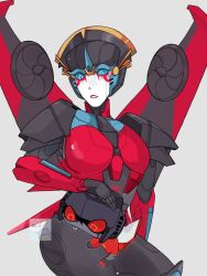Rule 34 | 1boy, 1girl, autobot, blue eyes, breasts, large breasts, licking, licking thigh, mecha, mecha musume, mechanical wings, ppg14217787, robot, simple background, starscream, thick thighs, thighs, transformers, windblade, wings