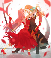 Rule 34 | 2girls, absurdres, alternate hairstyle, bangle, black dress, black footwear, black pants, blue hair, blush, bracelet, breasts, clenched teeth, commentary, dancing, dress, earrings, embarrassed, english text, face-to-face, feather earrings, feathers, full body, high heels, highres, holding, holding hands, holding scythe, hololive, hololive english, jewelry, long hair, medium breasts, misu (miisuuu), mori calliope, multicolored hair, multiple girls, off shoulder, open mouth, orange hair, pants, petals, pink eyes, pink hair, purple eyes, red dress, red footwear, reflection, scythe, shoes, simple background, sleeveless, sleeveless dress, smile, takanashi kiara, teeth, tile floor, tiles, two-tone hair, very long hair, virtual youtuber, white background, yuri
