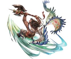 Rule 34 | 10s, 1boy, axe, back, belt, bird, brown eyes, brown hair, cape, circlet, dark skin, dark-skinned male, eso (granblue fantasy), facial mark, feathers, flower, granblue fantasy, long hair, male focus, matching hair/eyes, minaba hideo, official art, topless male, solo, transparent background, weapon