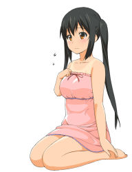 Rule 34 | 1girl, a1 (initial-g), bad feet, bare shoulders, black hair, blush, breasts, brown eyes, feet, full body, k-on!, kneeling, long hair, medium breasts, nakano azusa, one-piece tan, seiza, simple background, sitting, solo, tan, tanline, twintails