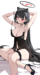 Rule 34 | 1girl, alternate hairstyle, animal ear fluff, animal ears, armpits, arms up, babydoll, bare arms, bare shoulders, black choker, black footwear, black hair, blue archive, blush, breasts, bridal garter, bright pupils, cat ears, choker, cleavage, commentary, english commentary, feint721, hair down, high heels, highres, large breasts, long hair, looking at viewer, red eyes, rio (blue archive), simple background, sitting, solo, spaghetti strap, straight hair, thighs, very long hair, white background, white pupils