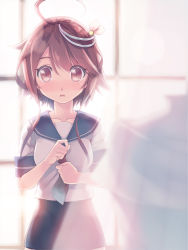 Rule 34 | 10s, 1girl, ahoge, binzoko megane (san-inch), blurry, blush, depth of field, hair ornament, i-58 (kancolle), kantai collection, looking at viewer, open mouth, pink eyes, pink hair, saninchi, school swimsuit, school uniform, serafuku, short hair with long locks, solo, swimsuit, swimsuit under clothes, window