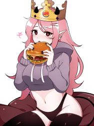 Rule 34 | 1girl, black nails, breasts, burger, burger king, claws, company name, copyright notice, demon girl, demon horns, demon tail, ear piercing, fingernails, food, freckles, hair ornament, hairclip, highres, holding, holding food, horns, june (megrocks), long hair, nail polish, navel, original, piercing, pink hair, pointy ears, red eyes, rukiadaichi, solo, sweater, tail, thighhighs, underwear