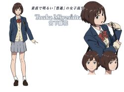 Rule 34 | 1girl, blazer, boogiepop, bow, bowtie, brown hair, character name, character profile, character sheet, collared shirt, full body, grey eyes, grey skirt, jacket, loafers, miyashita touka, open mouth, pleated skirt, red bow, red bowtie, school uniform, shirt, shoes, short hair, sidelocks, skirt, smile, socks, translation request, transparent background, white shirt, white socks