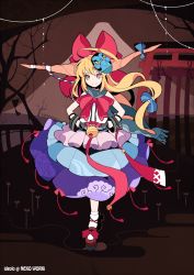 Rule 34 | &gt;:), 1girl, artist name, bare tree, bell, blonde hair, blue scarf, bow, brown eyes, closed mouth, full body, hair bow, hands on own hips, head tilt, horns, ibuki suika, ideolo, long hair, mask, oni, oni mask, revision, scarf, skirt, smile, solo, torii, touhou, tree, v-shaped eyebrows