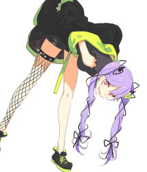 Rule 34 | bent over, black footwear, black jacket, character request, fishnets, hair ornament, heart, heart hair ornament, indie virtual youtuber, jacket, looking at viewer, pako (pakosun), pink eyes, purple hair, smile, twintails, virtual youtuber