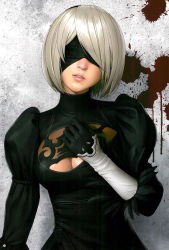 Rule 34 | 1girl, absurdres, black blindfold, black dress, black hairband, blindfold, breasts, cleavage cutout, clothing cutout, dress, feather-trimmed sleeves, hairband, highres, looking at viewer, medium breasts, mole, mole under mouth, nier (series), nier:automata, parted lips, short hair, silver hair, upper body, watanabe yasuaki, 2b (nier:automata)