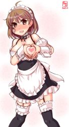 Rule 34 | 1girl, ahoge, alternate costume, apron, artist logo, bandaid, bandaid on face, black dress, black thighhighs, breasts, brown eyes, brown hair, commentary request, cowboy shot, dated, dress, enmaided, frilled apron, frilled dress, frills, garter straps, heart, heart-shaped boob challenge, heart hands, highres, kanon (kurogane knights), kantai collection, large breasts, looking at viewer, maid, maid headdress, oboro (kancolle), short hair, simple background, solo, standing, thighhighs, waist apron, white apron, white background