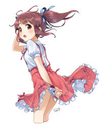 Rule 34 | 1girl, blush, brown eyes, clothes lift, dress, dress lift, hair ribbon, highres, idolmaster, idolmaster cinderella girls, idolmaster cinderella girls starlight stage, looking at viewer, looking back, ogata chieri, open mouth, pinafore dress, ribbon, short twintails, sidelocks, simple background, skirt, skirt lift, sleeveless dress, solo, suspender skirt, suspenders, thighs, twintails, tyuga, white background