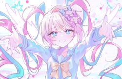 Rule 34 | 1girl, :d, blonde hair, blue bow, blue eyes, blue hair, blue shirt, bow, chouzetsusaikawa tenshi-chan, hair bow, hands up, heart, highres, long hair, long sleeves, looking at viewer, mew (mewrurirun), multicolored hair, needy girl overdose, open mouth, outstretched arms, pink bow, pink hair, purple bow, quad tails, reaching, reaching towards viewer, shirt, smile, solo, twintails, upper body, very long hair, white background, white wings, wings, yellow bow