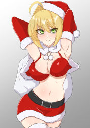 Rule 34 | 1girl, ahoge, armpits, arms behind head, arms up, belt, bikini, blonde hair, blush, breasts, capelet, christmas, cleavage, elbow gloves, fate/extra, fate (series), fur-trimmed capelet, fur-trimmed headwear, fur-trimmed legwear, fur trim, gloves, green eyes, hair intakes, hat, highres, large breasts, long hair, looking at viewer, miniskirt, navel, nero claudius (fate), nero claudius (fate) (all), nero claudius (fate/extra), red bikini, red capelet, red gloves, red hat, red skirt, sack, santa bikini, santa hat, sawatarou (roto), skirt, smile, solo, swimsuit, thighhighs, thighs
