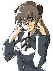 Rule 34 | 1girl, animal ears, bespectacled, brown eyes, brown hair, dog ears, glasses, johanna wiese, long hair, long sleeves, lowres, military, military uniform, red-framed eyewear, ribbon, simple background, solo, strike witches, uniform, uno ichi, white background, world witches series