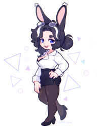 Rule 34 | 1girl, animal ears, artist name, black footwear, black hair, black pantyhose, black skirt, blue eyes, breasts, cleavage, collared shirt, eyewear on head, full body, glasses, hair bun, hand on own hip, high heels, highres, jewelry, large breasts, long sleeves, multicolored hair, necklace, office lady, open mouth, original, pantyhose, parted bangs, pencil skirt, rabbit ears, rabbit girl, rabbit tail, sharktuna, shirt, short hair, skirt, smile, solo, tail, teeth, upper teeth only, white background, white hair, white shirt