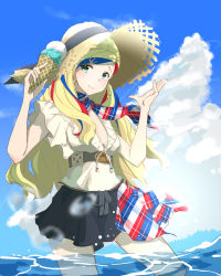 Rule 34 | 1girl, absurdres, anchor hair ornament, bikini, bikini top only, bikini under clothes, black skirt, blonde hair, blue eyes, blue hair, breasts, commandant teste (kancolle), food, hair ornament, hat, highres, holding, holding food, ice cream, ice cream cone, kantai collection, long hair, looking at viewer, medium breasts, multicolored clothes, multicolored hair, multicolored scarf, neve (morris-minicooper), ocean, partially submerged, red hair, scarf, skirt, smile, solo, straw hat, streaked hair, swept bangs, swimsuit, swimsuit under clothes, wading, water, white bikini, white hair