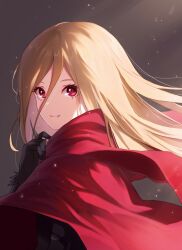 Rule 34 | 1girl, absurdres, black gloves, blonde hair, cloak, closed mouth, evileye (overlord), fang, fang out, floating hair, from side, garigarigurry, gloves, hair between eyes, highres, long hair, overlord (maruyama), red cloak, red eyes, smile, solo, straight hair, upper body