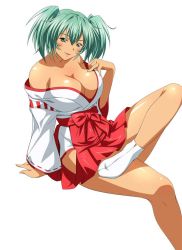 Rule 34 | 00s, 1girl, artist request, breasts, cleavage, collarbone, female focus, green eyes, green hair, hakama, ikkitousen, ikkitousen great guardians, japanese clothes, large breasts, looking at viewer, matching hair/eyes, miko, miniskirt, no bra, off shoulder, official art, red hakama, ryofu housen, simple background, skirt, solo, tabi, twintails, white background