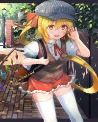 Rule 34 | 1girl, :d, alternate costume, backpack, bag, blonde hair, blush, bow, breasts, brick road, brown bag, brown vest, center frills, clock, commentary request, crystal, day, fang, feet out of frame, flandre scarlet, frills, grey hat, hair between eyes, hair bow, hand up, hat, highres, laevatein (tail), lamppost, looking at viewer, medium breasts, medium hair, miniskirt, one side up, open mouth, orange eyes, outdoors, petticoat, pointy ears, puffy short sleeves, puffy sleeves, red bow, red neckwear, red ribbon, red skirt, ribbon, shirt, short sleeves, skirt, smile, solo, standing, tail, thighhighs, torottye, touhou, vest, white shirt, white thighhighs, wings