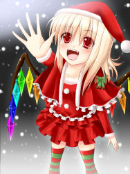 Rule 34 | 1girl, blonde hair, collarbone, dotera, embodiment of scarlet devil, fang, fangs, female focus, flandre scarlet, hanazome dotera, hat, red eyes, santa costume, side ponytail, solo, striped clothes, striped thighhighs, thighhighs, touhou, wings