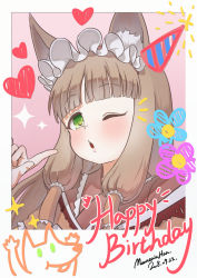 Rule 34 | 1girl, animal ear fluff, animal ears, blunt bangs, blush, border, brown hair, dated, english text, green eyes, hair ornament, hair tubes, hand up, happy birthday, highres, index finger raised, looking at viewer, maho (princess connect!), mountain han, one eye closed, parted lips, princess connect!, signature, solo, upper body, white border