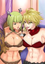 Rule 34 | 2girls, absurdres, blonde hair, brandish mew, breasts, dimaria yesta, fairy tail, green eyes, green hair, hair ornament, highres, large breasts, multiple girls, saliva, saliva trail, shiny skin, tagme, tongue, tongue out, yellow eyes