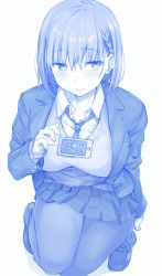 Rule 34 | 1girl, ai-chan (tawawa), blue theme, blush, braid, breasts, cellphone, getsuyoubi no tawawa, highres, hiromochi (hiro39ra1), large breasts, monochrome, necktie, official style, pantyhose, phone, short hair, side braid, simple background, smartphone, smile, solo, tawawa challenge, translated, white background