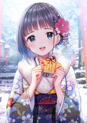 Rule 34 | 1girl, :d, absurdres, bare tree, black hair, blue eyes, blue kimono, blush, braid, breath, commentary request, day, ema, floral print, flower, fur collar, hair flower, hair ornament, hands up, highres, holding, japanese clothes, kimono, long sleeves, looking at viewer, new year, obi, open mouth, original, outdoors, pink flower, print kimono, sash, smile, snow, snowing, solo, stairs, stone stairs, teeth, torii, translation request, tree, u rin, upper teeth only, white flower, wide sleeves