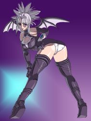 Rule 34 | 1girl, ass, bad anatomy, bat wings, bent over, blue eyes, boots, breasts, cleavage, cleavage cutout, clothing cutout, elbow gloves, gloves, komori aimi, large breasts, looking back, oekaki, panties, pantyshot, piyopiyomaru, shadow lady, shadow lady (character), smile, solo, thigh boots, thighhighs, underwear, white hair, white panties, wings
