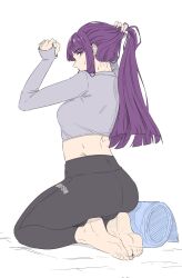 Rule 34 | 1girl, arms up, barefoot, black pants, closed mouth, fern (sousou no frieren), hands up, highres, long hair, looking at viewer, looking to the side, pants, purple eyes, purple hair, sitting, solo, sousou no frieren, sweater, towel, very long hair, white background, white sweater