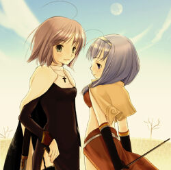 Rule 34 | 2girls, bare tree, black dress, black thighhighs, blue hair, blue sky, blush, breasts, brown capelet, brown hair, brown skirt, capelet, closed mouth, cloud, commentary request, cowboy shot, cross, cross necklace, day, dress, elbow gloves, euca (recita), full moon, garter straps, gloves, green eyes, habit, jewelry, looking at viewer, lowres, mage (ragnarok online), medium bangs, medium hair, moon, multiple girls, necklace, outdoors, priest (ragnarok online), purple eyes, ragnarok online, short hair, side slit, skirt, sky, small breasts, smile, thighhighs, tree