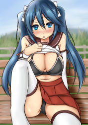 Rule 34 | 10s, 1girl, bad id, bad pixiv id, blue eyes, blue hair, blush, bra, breasts, cleavage, eyebrows, hair between eyes, hair ribbon, highres, isuzu (kancolle), kantai collection, large breasts, long hair, looking at viewer, matching hair/eyes, open clothes, open mouth, pleated skirt, red skirt, ribbon, school uniform, serafuku, skirt, solo, terakoya, thighhighs, twintails, underwear, white thighhighs