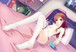 Rule 34 | 1girl, book, bookshelf, box, breasts, brown eyes, brown hair, blowing bubbles, cai yuan, chewing gum, collarbone, convenient censoring, d.va (overwatch), dutch angle, earbuds, earphones, facepaint, facial mark, feet, foreshortening, full body, hair censor, hair over breasts, handheld game console, holographic interface, indoors, knees together feet apart, long hair, looking at viewer, lying, mecha, meka (overwatch), model, navel, on back, on bed, overwatch, overwatch 1, panties, pink panties, playing games, poster (object), robot, small breasts, solo, swept bangs, thighhighs, topfreedom, topless, underwear, underwear only, whisker markings, white thighhighs