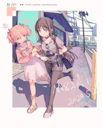 Rule 34 | 2girls, :d, absurdres, akemi homura, alternate costume, arm grab, artist name, bag, black choker, black footwear, black hair, black pantyhose, black shorts, blouse, blush, bow, bracelet, brown footwear, building, casual, chinese text, choker, city, commentary, crosswalk, dated, dated commentary, day, eyewear hang, unworn eyewear, full body, grey shirt, hair ribbon, hairband, hand on another&#039;s arm, handbag, hei yan-m82a1, highres, jewelry, kaname madoka, kyubey, locked arms, long hair, long sleeves, looking at another, lower teeth only, mahou shoujo madoka magica, mahou shoujo madoka magica (anime), multiple girls, open mouth, outdoors, pantyhose, pantyhose under shorts, parted lips, pink bow, pink eyes, pink hair, pink shirt, power lines, purple eyes, railroad crossing, red hairband, red ribbon, ribbon, ring, running, shadow, shirt, short sleeves, short twintails, shorts, shoulder bag, signature, skirt, smile, sunglasses, teeth, train, twintails, utility pole, watermark, web address, white skirt