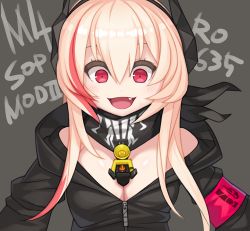 Rule 34 | 1girl, :d, bare shoulders, blonde hair, blush, breasts, character name, cleavage, commentary, fang, girls&#039; frontline, headgear, jacket, long hair, looking at viewer, m4 sopmod ii (girls&#039; frontline), multicolored hair, open mouth, ran system, smile, solo, streaked hair, upper body