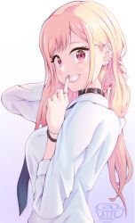 Rule 34 | 1girl, absurdres, adjusting hair, blonde hair, bound, bracelet, collar, commentary request, earrings, gradient background, grin, highres, jewelry, kitagawa marin, lattetrouble, lock, long hair, looking at viewer, padlock, padlocked collar, purple background, red eyes, ring, signature, simple background, smile, sono bisque doll wa koi wo suru, stud earrings, white background