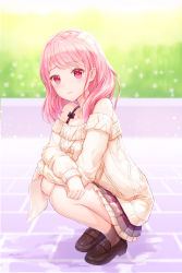 Rule 34 | 1girl, ankle socks, bad id, bad pixiv id, bang dream!, bare shoulders, blurry, blurry background, blush, brown footwear, brown socks, brown sweater, bush, closed mouth, commentary request, crossed arms, day, depth of field, loafers, long hair, long sleeves, looking at viewer, lunacle, maruyama aya, off-shoulder, off-shoulder sweater, off shoulder, outdoors, paper, pink hair, pleated skirt, purple skirt, red eyes, shoes, skirt, sleeves past wrists, socks, solo, squatting, sweater