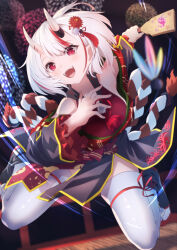 Rule 34 | 1girl, absurdres, aoi eno, bare shoulders, detached sleeves, highres, hololive, looking at viewer, nakiri ayame, open mouth, red eyes, smile, solo, virtual youtuber, white hair