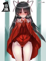 Rule 34 | 10s, 1girl, black hair, blush, clothes lift, crotch rub, dress shirt, embarrassed, gradient background, hair ribbon, hiyou (kancolle), japanese clothes, kantai collection, long hair, looking down, magatama, red eyes, red skirt, ribbon, shirt, skirt, skirt lift, solo, striped, striped background, tokita monta, wavy mouth