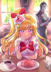 Rule 34 | 1boy, 1girl, absurdres, animal ears, apron, asahina mirai, asdge23, bartender, bat ears, batty (mahou girls precure!), blonde hair, bow, bracelet, bread, breasts, brooch, cafeteria, chair, coffee cup, cup, cure miracle, curtains, diamond-shaped brooch, disposable cup, dress, earrings, food, formal, gloves, hat, highres, indoors, jewelry, lapels, large breasts, long hair, looking at another, looking at viewer, magical girl, mahou girls precure!, melon bread, mini hat, mini witch hat, notebook, pants, pen, pink bow, pink eyes, pink headwear, precure, puffy sleeves, shawl lapels, shirt, side ponytail, sitting, suit, table, vest, waitress, white dress, white gloves, window, witch hat