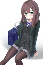 Rule 34 | 1girl, bag, black cardigan, blush, bow, brown hair, brown pantyhose, cardigan, collared shirt, dress shirt, feet out of frame, finger to mouth, fingernails, green eyes, green jacket, green nails, grey skirt, hand up, highres, jacket, long hair, long sleeves, nail polish, open clothes, open jacket, original, pantyhose, parted lips, pleated skirt, purple bow, school bag, school uniform, shirt, sitting, skirt, sleeves past wrists, solo, white background, white shirt, yoye (pastel white)