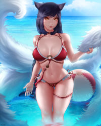 Rule 34 | 1girl, ahri (league of legends), animal ears, ball, beachball, bikini, black hair, breasts, breasts apart, day, facial mark, fox ears, fox tail, highres, large breasts, league of legends, long hair, looking at viewer, mcdobo, multiple tails, nail polish, navel, o-ring, o-ring bikini, outdoors, pool party (league of legends), red bikini, solo, standing, swept bangs, swimsuit, tail, water, whisker markings, yellow eyes