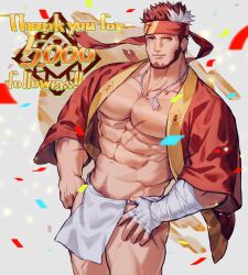 Rule 34 | 1boy, abs, bandaged hand, bandages, bara, bare pectorals, beard, brown eyes, closed mouth, commission, confetti, english text, facial hair, fundoshi, grey eyes, headband, heterochromia, highres, indie virtual youtuber, japanese clothes, jewelry, large pectorals, male focus, male pubic hair, milestone celebration, multicolored hair, muscular, muscular male, navel, necklace, open clothes, pectorals, pubic hair, red hair, red headband, ryuugen drake, scar, scar across eye, scar on chest, scar on face, second-party source, short hair, skeb commission, smile, solo, thank you, two-tone hair, uori, virtual youtuber, white hair