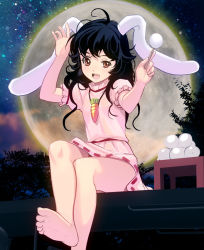 Rule 34 | 1girl, ahoge, alternate hair length, alternate hairstyle, animal ears, bad id, bad pixiv id, barefoot, black hair, carrot, carrot necklace, dress, fangs, feet, female focus, food, full moon, holding, inaba tewi, jewelry, kouno (masao), legs, long hair, messy hair, mochi, moon, necklace, night, open mouth, orange eyes, rabbit ears, sitting, sky, soles, solo, star (sky), starry sky, touhou, wagashi