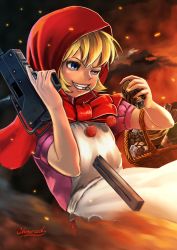 Rule 34 | 1girl, abazu-red, action, artist name, basket, blonde hair, blue eyes, bulleta, capelet, commentary request, dress, embers, explosive, grenade, grenade pin, grin, gun, half-closed eye, highres, holding, holding basket, holding grenade, holding gun, holding weapon, hood, hood up, hooded capelet, leaning back, mac-10/11, mouth hold, partial commentary, picnic basket, red capelet, red dress, short sleeves, signature, smile, smoke, solo, standing, submachine gun, vampire (game), weapon