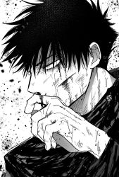 Rule 34 | 1boy, bleeding, blood, blood on face, blood on hands, bruise, bruise on face, buttons, cuts, fushiguro megumi, fushirun rung, greyscale, hand up, high collar, highres, injury, jacket, jujutsu kaisen, long sleeves, looking to the side, monochrome, school uniform, short hair, solo, spiked hair, upper body, wiping nose