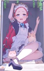 Rule 34 | 1girl, :d, :o, absurdres, apron, arm up, blue archive, borrowed clothes, box, cardboard box, cat, commentary, forehead, frilled apron, frills, halo, highres, holding, holding box, long hair, looking at viewer, maid, maid apron, maid headdress, nervous, number print, official alternate costume, open mouth, parted bangs, purple eyes, red hair, short sleeves, side ponytail, sidelocks, sitting, smile, sweatdrop, wavy hair, white apron, yamggu, yuzu (blue archive), yuzu (maid) (blue archive)