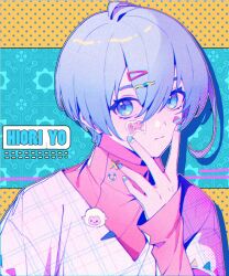 Rule 34 | 1boy, blue background, blue eyes, blue hair, blue lock, blue nails, character name, closed mouth, hair ornament, hairclip, hand up, long sleeves, looking at viewer, male focus, pink shirt, shirt, shizuka000217, short hair, sleeves past wrists, smile, solo, sticker on face, upper body, yellow background, you hiori