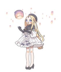 Rule 34 | 1girl, abigail williams (event portrait) (fate), abigail williams (fate), anko omotimoti, blonde hair, blue eyes, blush, braid, fate/grand order, fate (series), full body, gloves, hat, high heels, highres, keyhole, lantern, long hair, open mouth, simple background, skirt, smile, solo, white background, white skirt